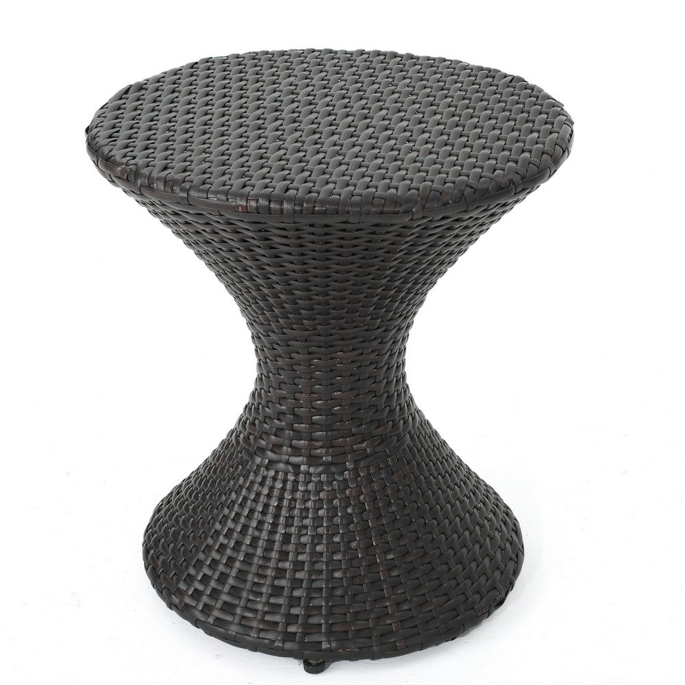 Benjara Deno Patio Side End Table, 16 Inch Iron, Hourglass Shape, Brown Wicker