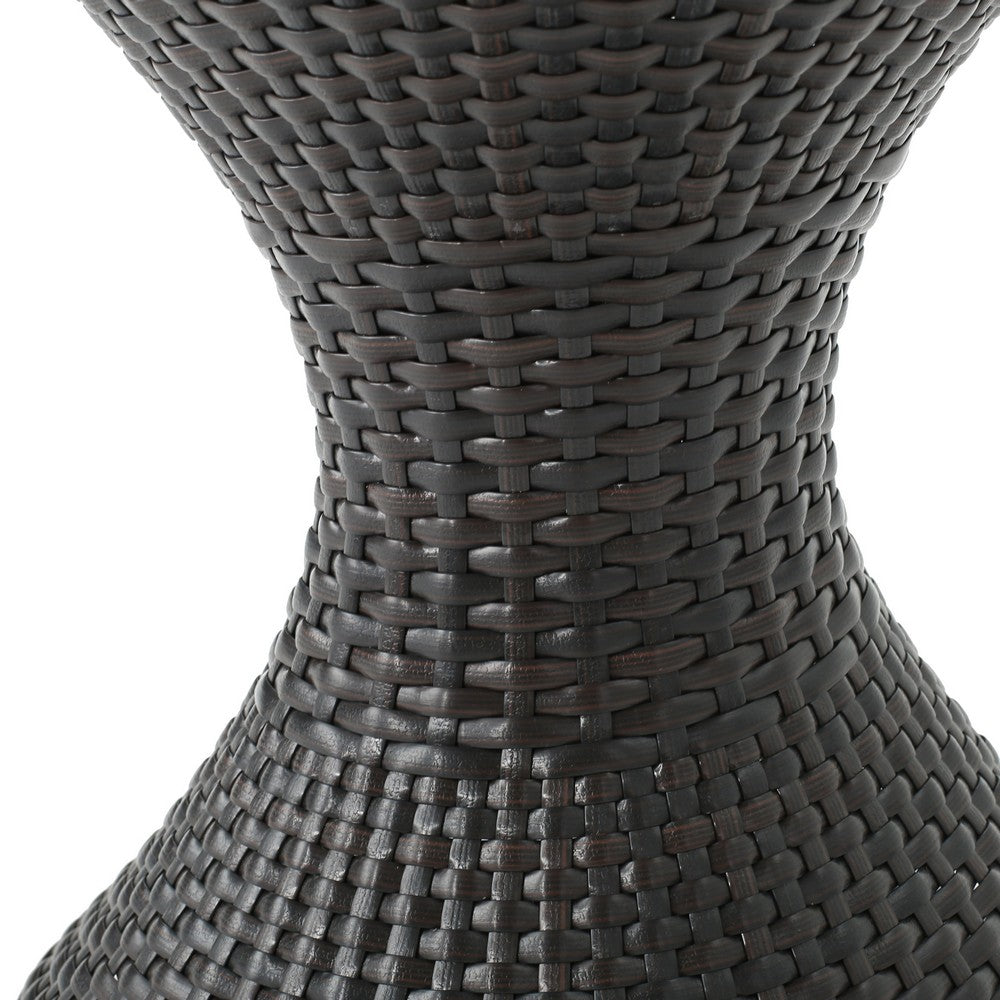 Benjara Deno Patio Side End Table, 16 Inch Iron, Hourglass Shape, Brown Wicker