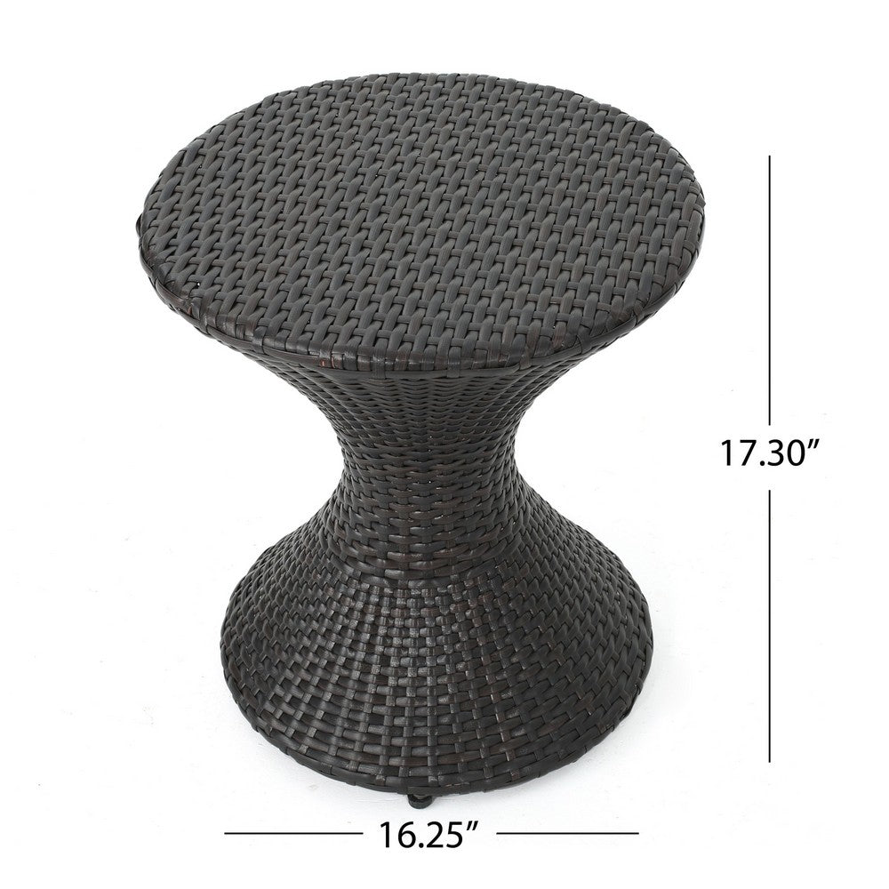 Benjara Deno Patio Side End Table, 16 Inch Iron, Hourglass Shape, Brown Wicker