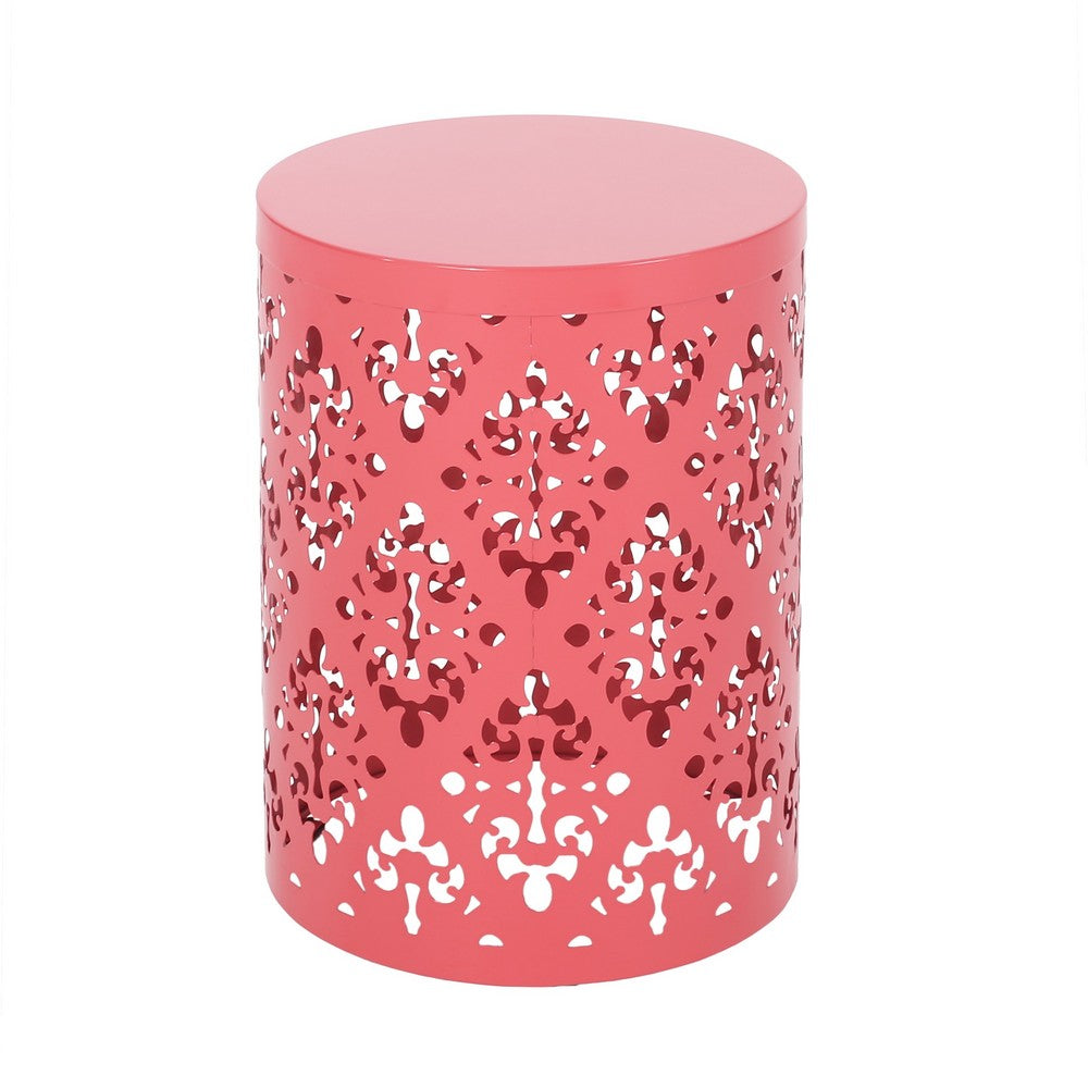 Benjara Demi Outdoor Side End Table Set of 2, Floral Cut Design Coral Red Iron