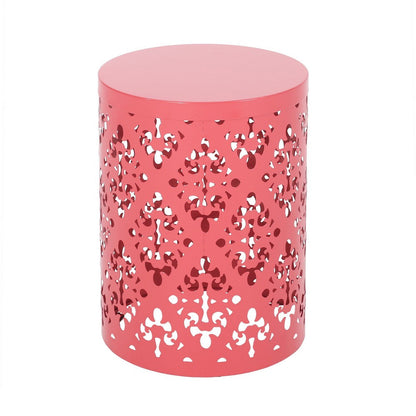 Benjara Demi Outdoor Side End Table Set of 2, Floral Cut Design Coral Red Iron