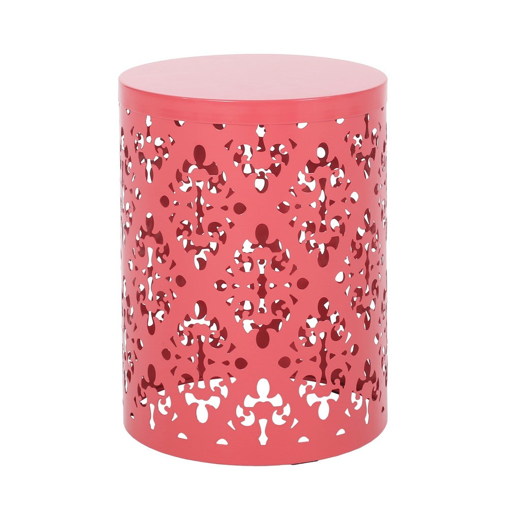Benjara Demi Outdoor Side End Table Set of 2, Floral Cut Design Coral Red Iron