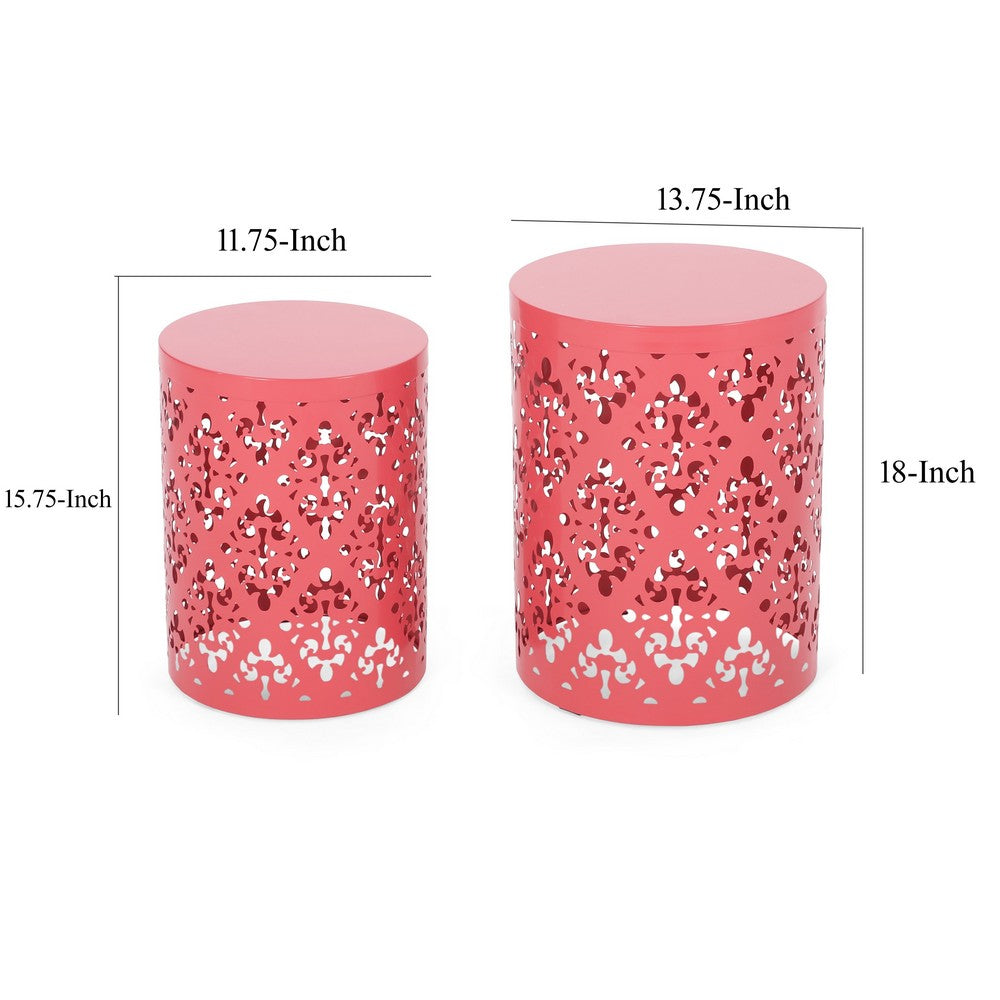 Benjara Demi Outdoor Side End Table Set of 2, Floral Cut Design Coral Red Iron