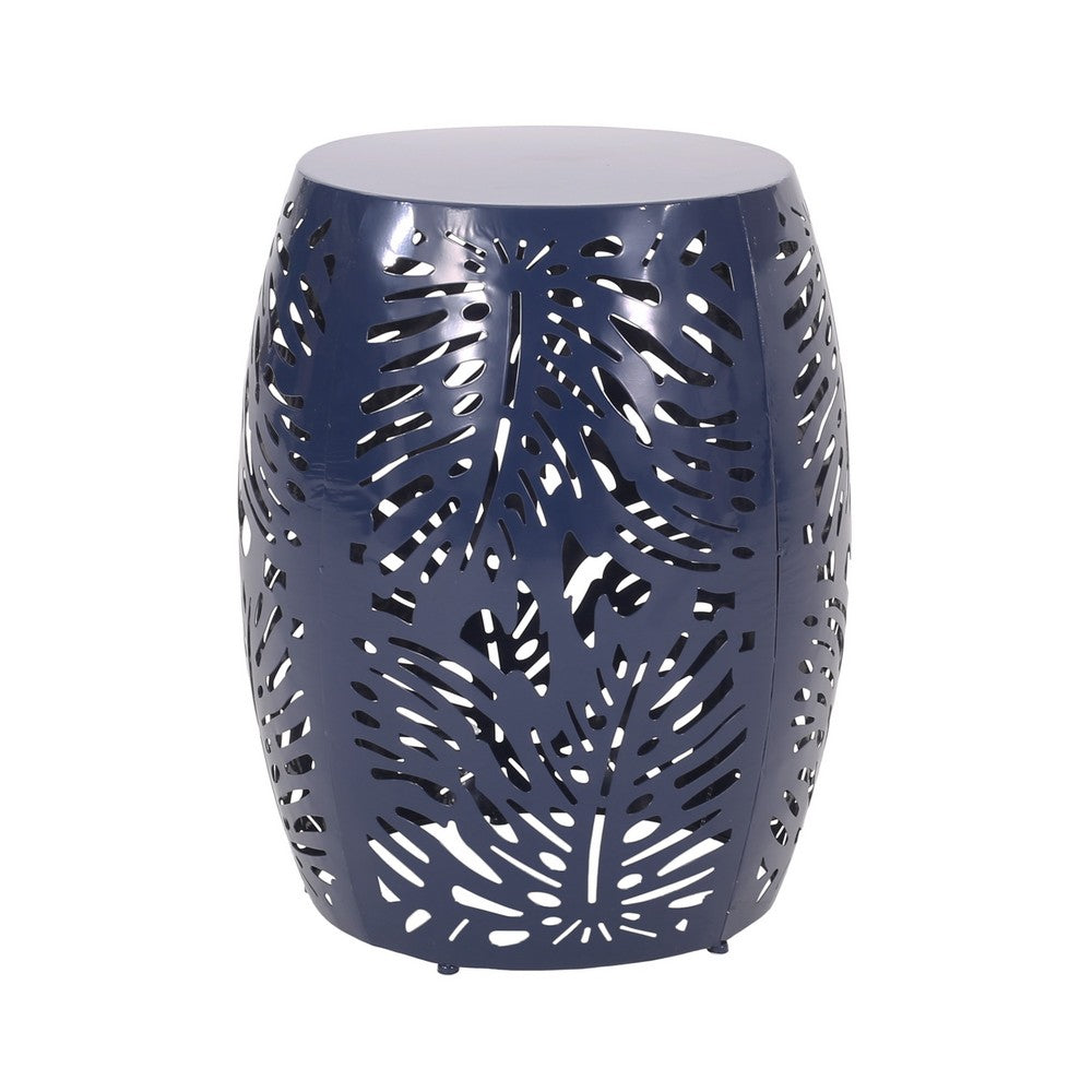 Benjara Yena Patio Side End Table, 17 Inch Navy Blue Barrel Cut Pattern Design
