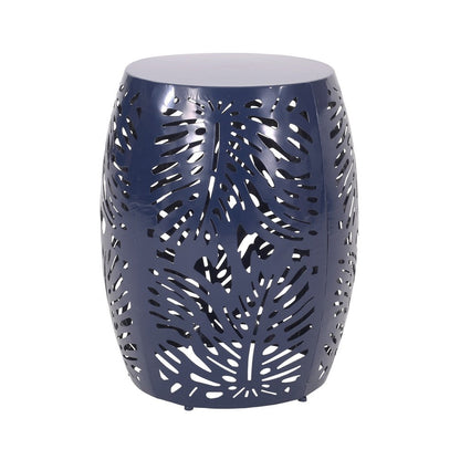 Benjara Yena Patio Side End Table, 17 Inch Navy Blue Barrel Cut Pattern Design