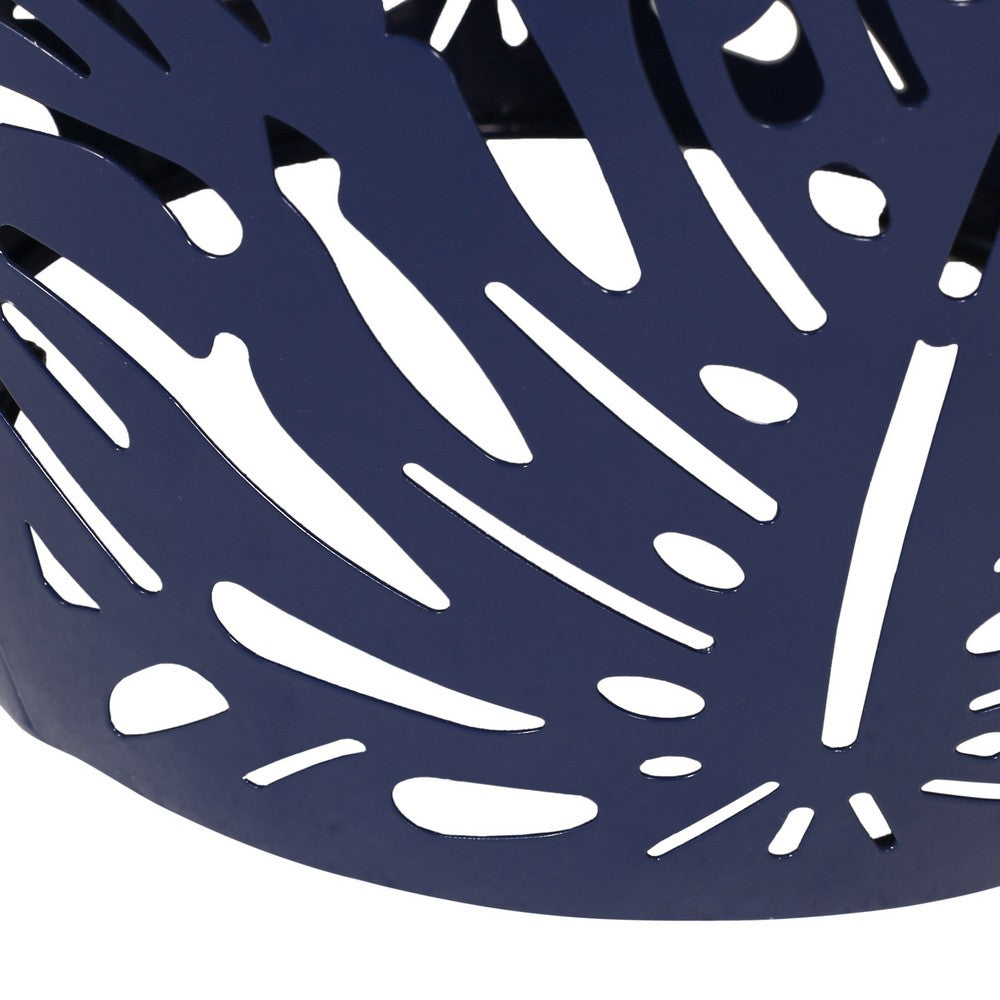 Benjara Yena Patio Side End Table, 17 Inch Navy Blue Barrel Cut Pattern Design