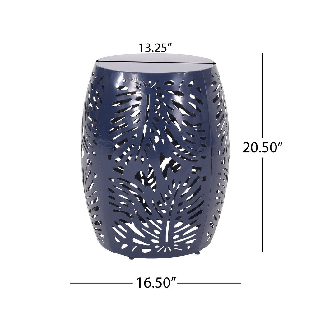 Benjara Yena Patio Side End Table, 17 Inch Navy Blue Barrel Cut Pattern Design