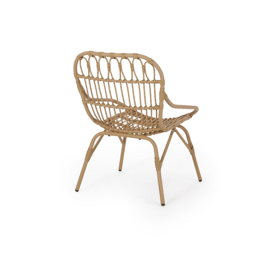Benjara Hexy Outdoor Accent Chair Set of 2, Boho Style Faux Rattan Woven Brown