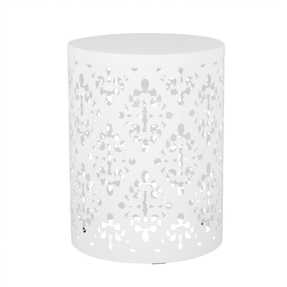 Benjara Kima Outdoor Side End Table, 14 Inch Round Floral Cutout Design, White
