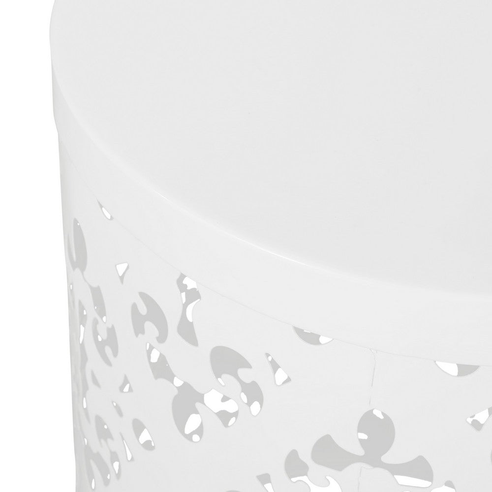 Benjara Kima Outdoor Side End Table, 14 Inch Round Floral Cutout Design, White