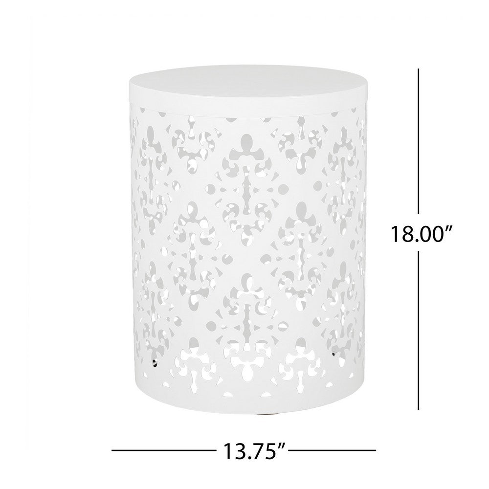 Benjara Kima Outdoor Side End Table, 14 Inch Round Floral Cutout Design, White