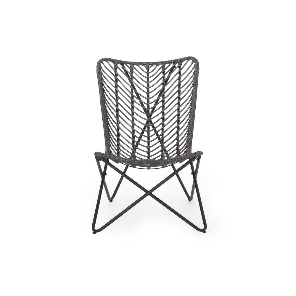 Benjara Lymi Outdoor Accent Chair Set of 2, Rattan Woven, Gray Geometric Base