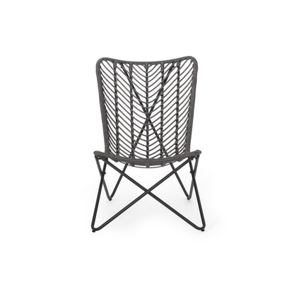 Benjara Lymi Outdoor Accent Chair Set of 2, Rattan Woven, Gray Geometric Base
