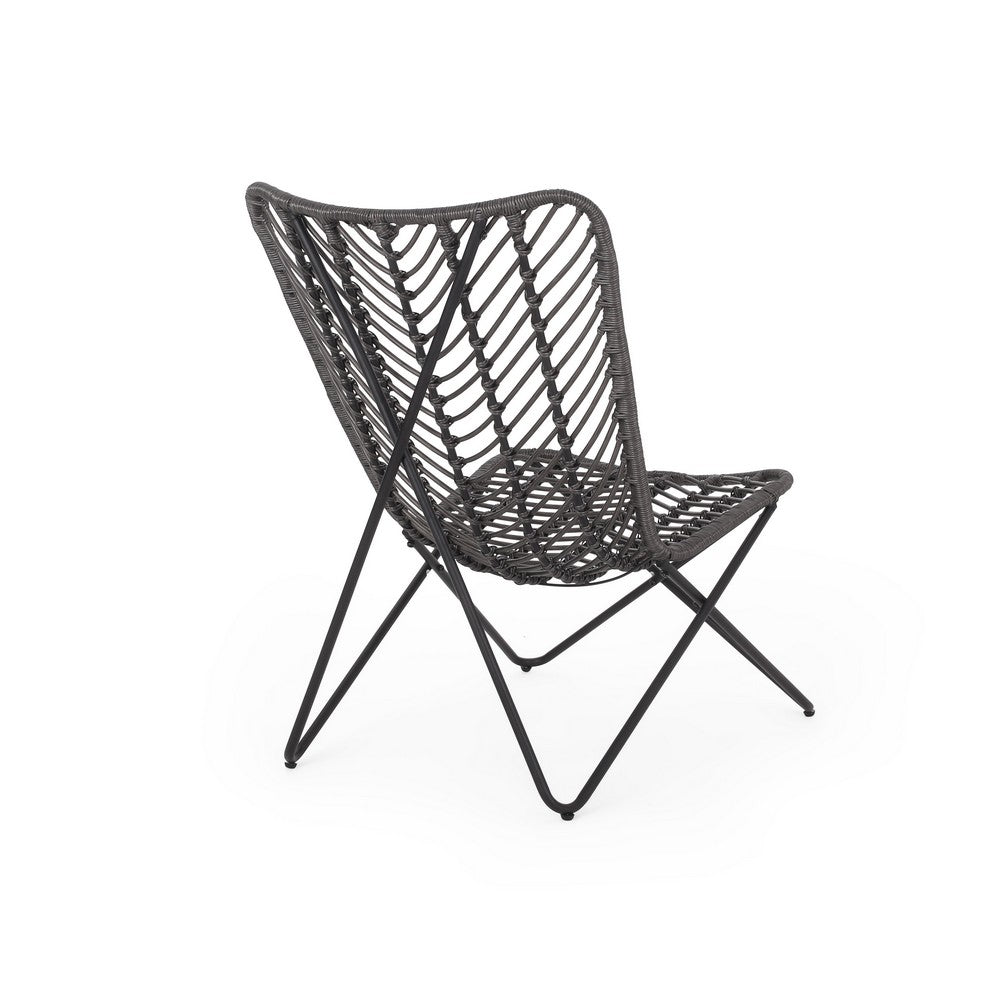 Benjara Lymi Outdoor Accent Chair Set of 2, Rattan Woven, Gray Geometric Base
