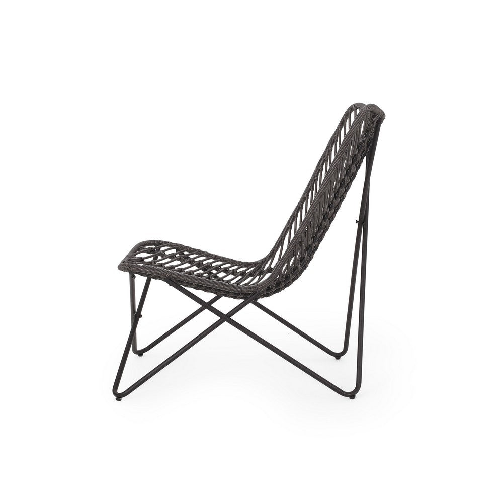 Benjara Lymi Outdoor Accent Chair Set of 2, Rattan Woven, Gray Geometric Base
