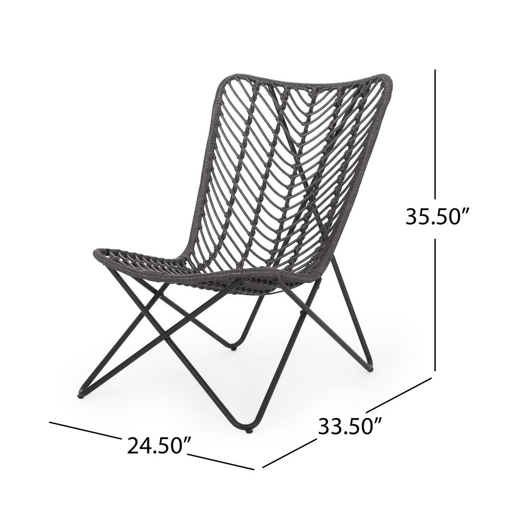 Benjara Lymi Outdoor Accent Chair Set of 2, Rattan Woven, Gray Geometric Base