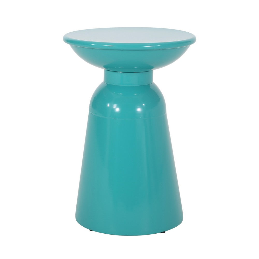Benjara Mio Patio Side End Table Set of 2, Teal Blue Iron Flared Pedestal Base