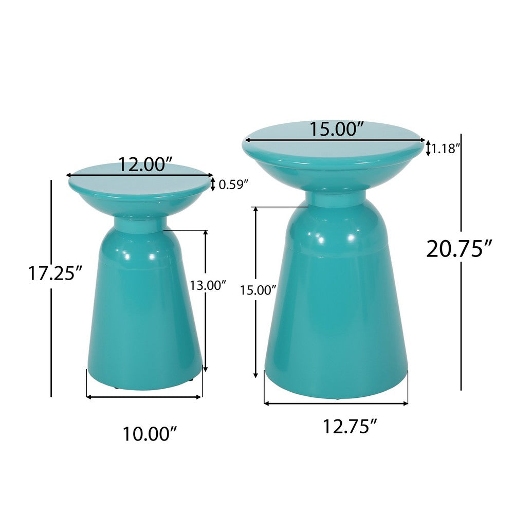 Benjara Mio Patio Side End Table Set of 2, Teal Blue Iron Flared Pedestal Base