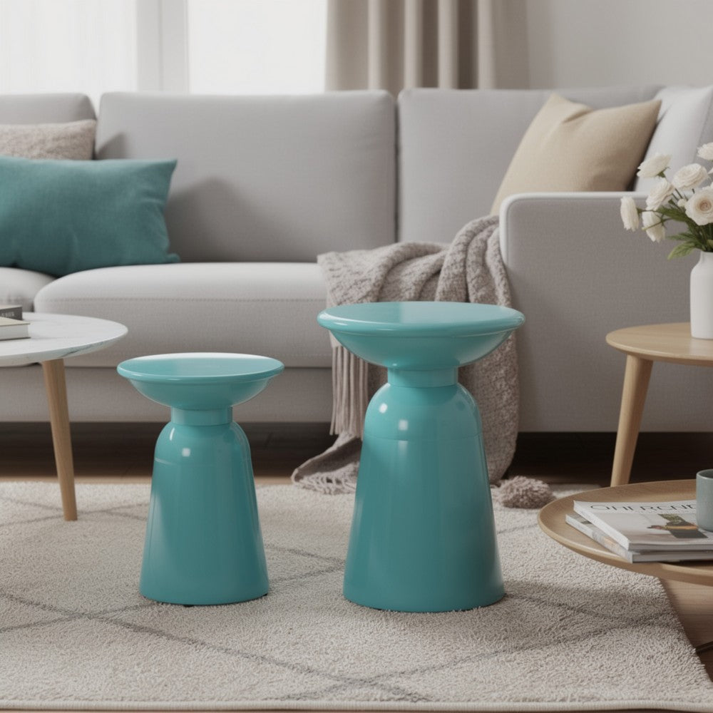 Benjara Mio Patio Side End Table Set of 2, Teal Blue Iron Flared Pedestal Base