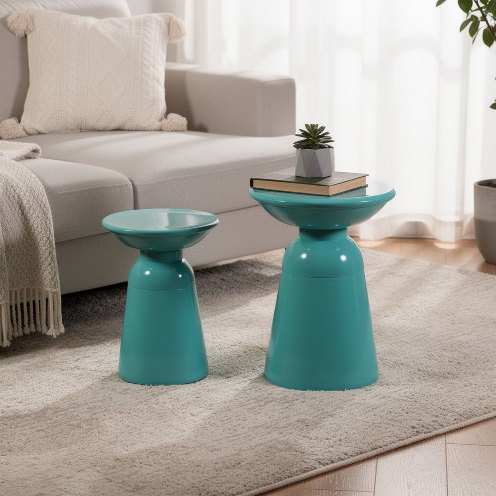 Benjara Mio Patio Side End Table Set of 2, Teal Blue Iron Flared Pedestal Base