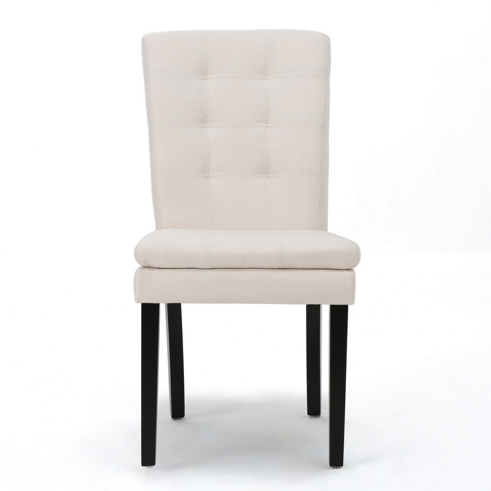 Benjara Moi Dining Chair Set of 2, Parsons Tufted Beige Fabric, Black Legs