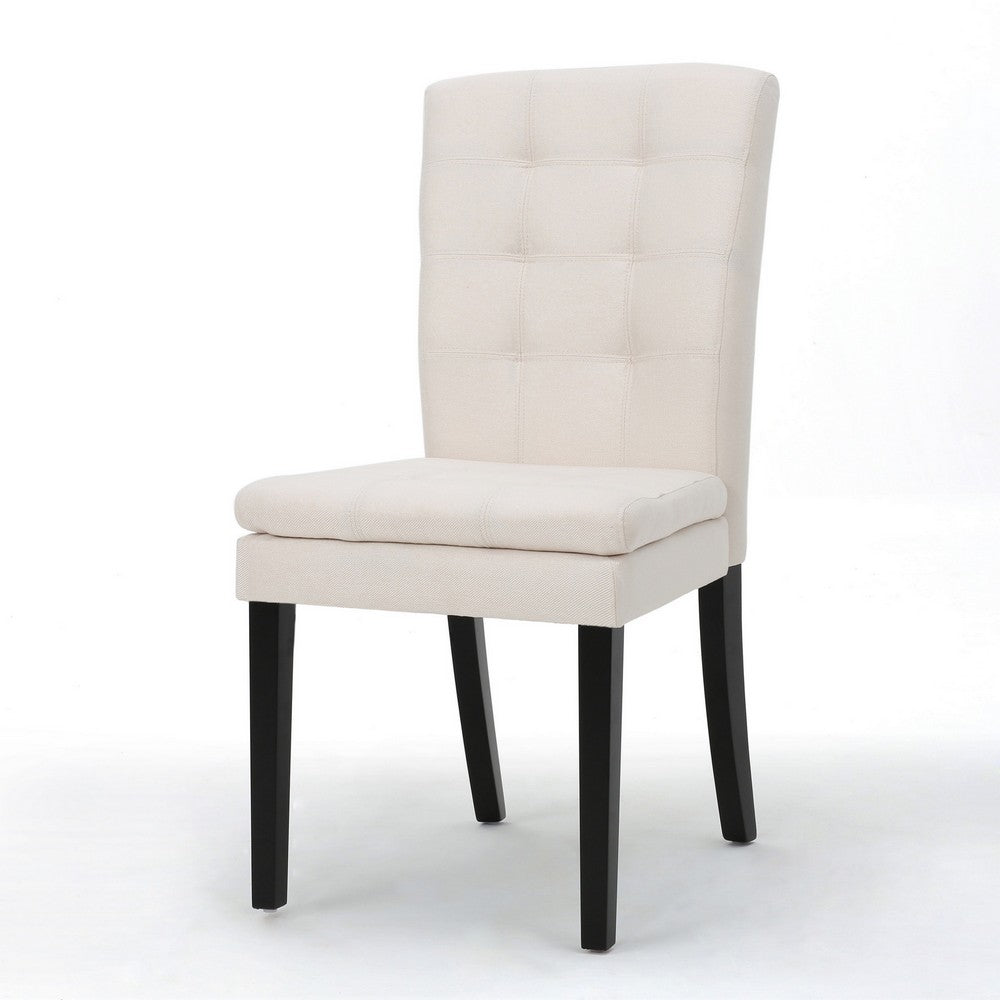 Benjara Moi Dining Chair Set of 2, Parsons Tufted Beige Fabric, Black Legs
