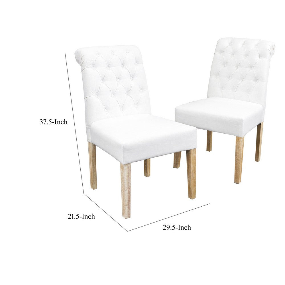 Benjara Feni Dining Parsons Chair Set of 2, Tufted Rolled, Off White Linen