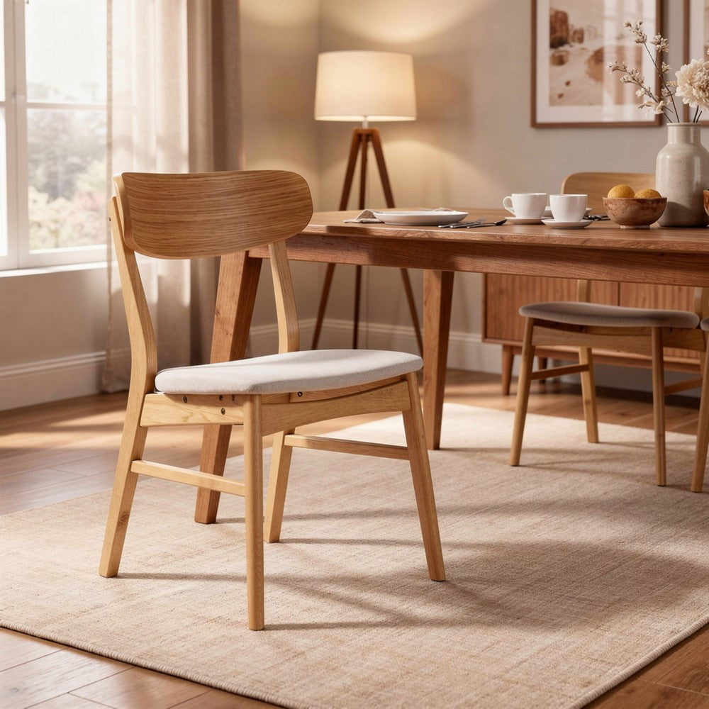 Benjara Mexy Dining Side Chair Set of 2, Open Curved, Light Beige, Brown Wood