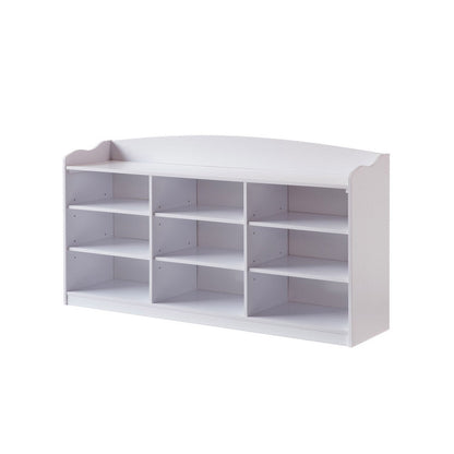 Benjara Hale Shoe Bench, 48 Inch Top, 9 Open Compartments, Modern White Finish