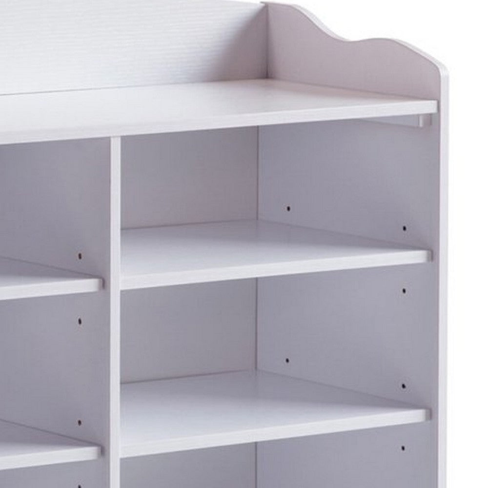 Benjara Hale Shoe Bench, 48 Inch Top, 9 Open Compartments, Modern White Finish