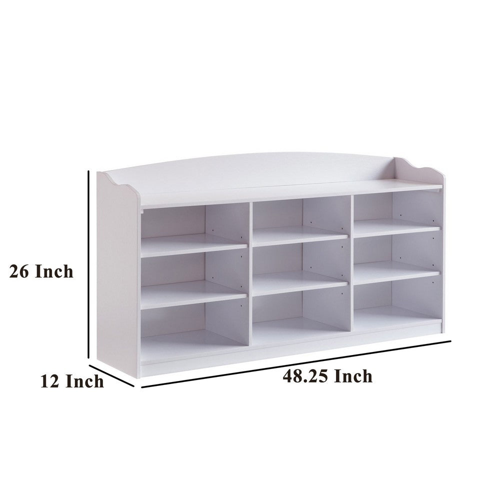 Benjara Hale Shoe Bench, 48 Inch Top, 9 Open Compartments, Modern White Finish