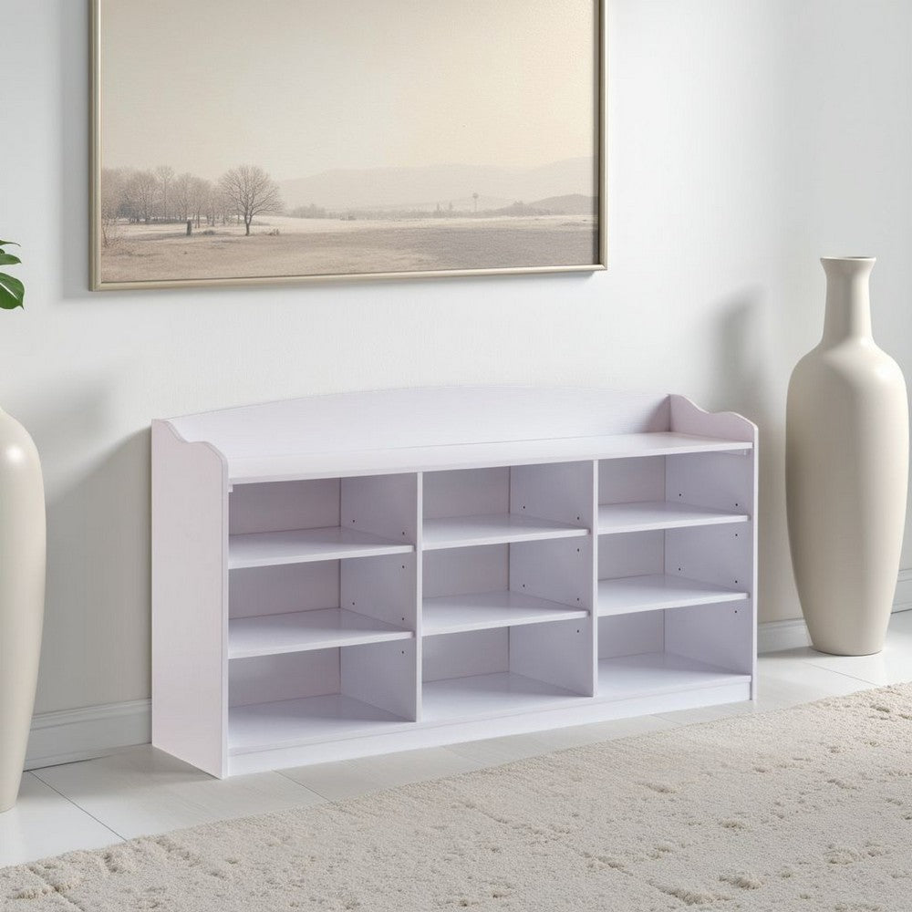 Benjara Hale Shoe Bench, 48 Inch Top, 9 Open Compartments, Modern White Finish