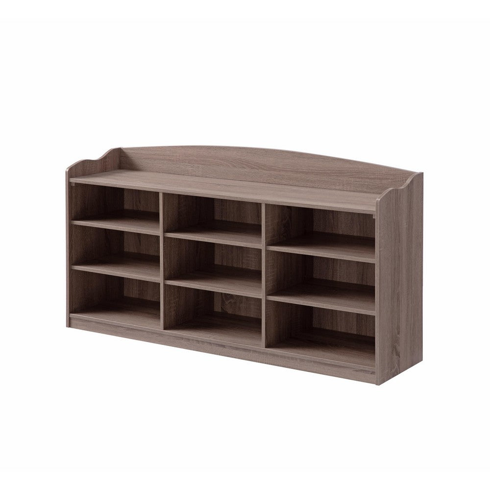 Benjara Hale Shoe Bench, 48 Inch Top, 9 Open Compartments, Taupe Brown Finish