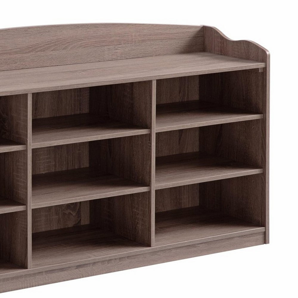 Benjara Hale Shoe Bench, 48 Inch Top, 9 Open Compartments, Taupe Brown Finish