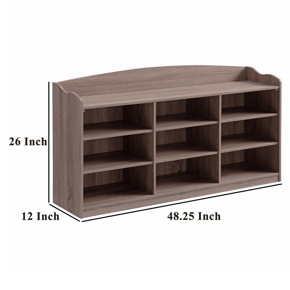 Benjara Hale Shoe Bench, 48 Inch Top, 9 Open Compartments, Taupe Brown Finish