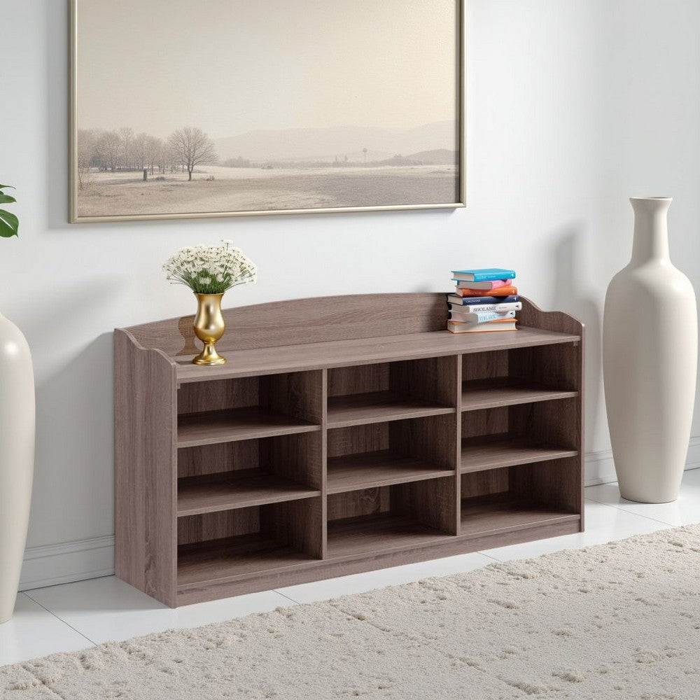 Benjara Hale Shoe Bench, 48 Inch Top, 9 Open Compartments, Taupe Brown Finish