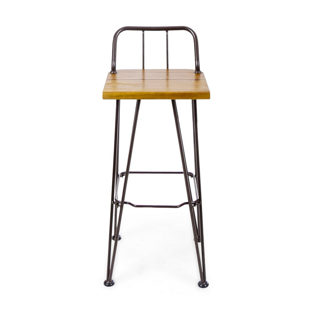 Benjara Rih Barstool Low Back Chair Set of 2, Black Metal, Brown Acacia Wood