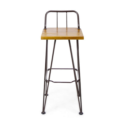 Benjara Rih Barstool Low Back Chair Set of 2, Black Metal, Brown Acacia Wood