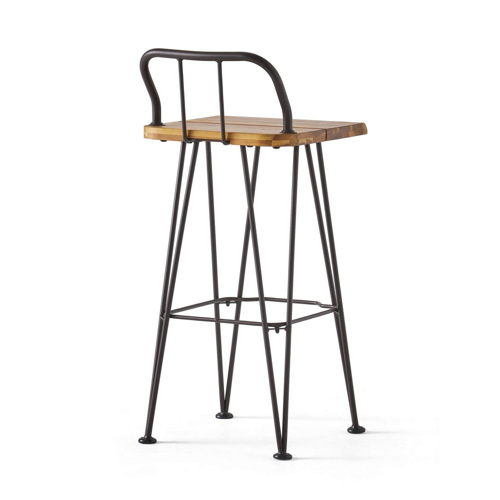 Benjara Rih Barstool Low Back Chair Set of 2, Black Metal, Brown Acacia Wood