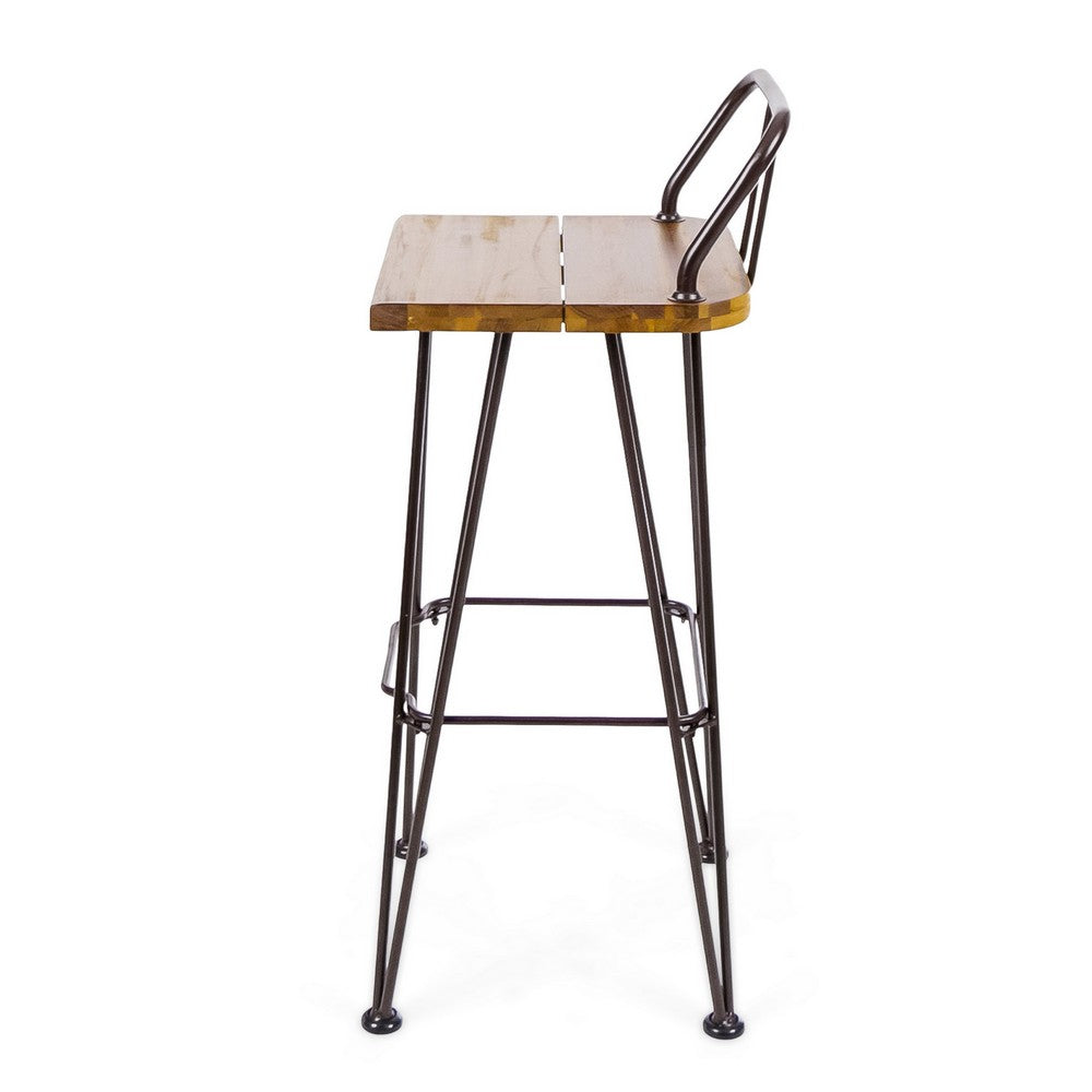 Benjara Rih Barstool Low Back Chair Set of 2, Black Metal, Brown Acacia Wood
