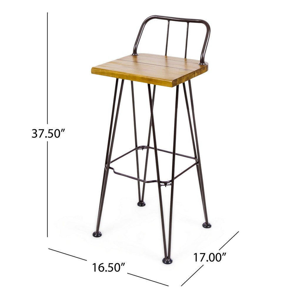Benjara Rih Barstool Low Back Chair Set of 2, Black Metal, Brown Acacia Wood