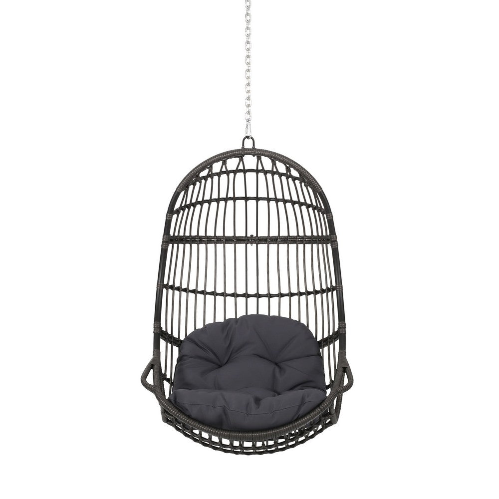 Benjara Fam Outdoor Hanging Lounge Chair Swing, Teardrop Design Gray Rattan