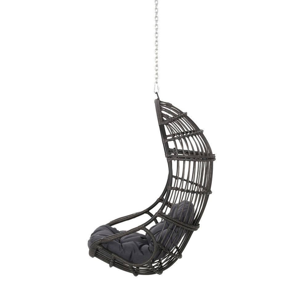 Benjara Fam Outdoor Hanging Lounge Chair Swing, Teardrop Design Gray Rattan