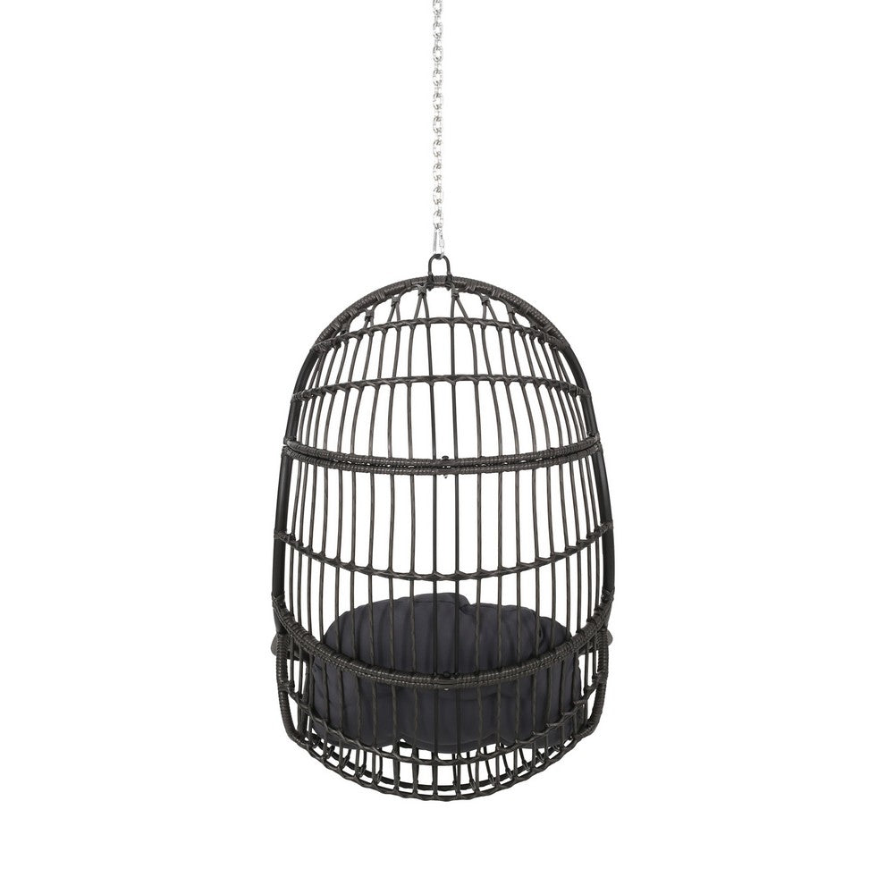 Benjara Fam Outdoor Hanging Lounge Chair Swing, Teardrop Design Gray Rattan