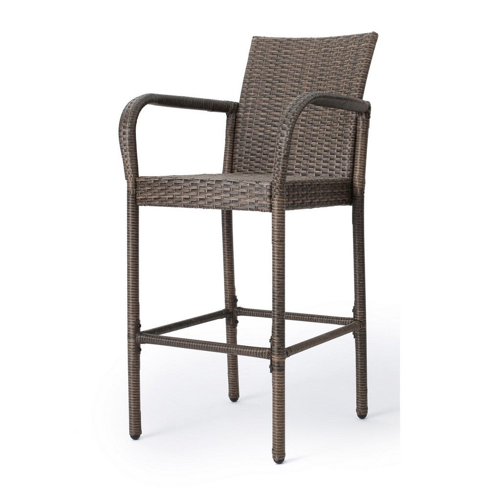 Benjara Drip Outdoor Barstool Chair Set of 2, Brown PE Rattan Woven And Iron