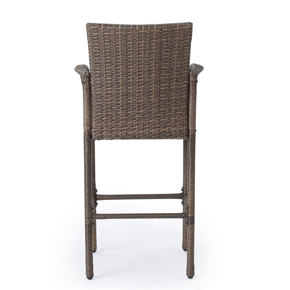 Benjara Drip Outdoor Barstool Chair Set of 2, Brown PE Rattan Woven And Iron