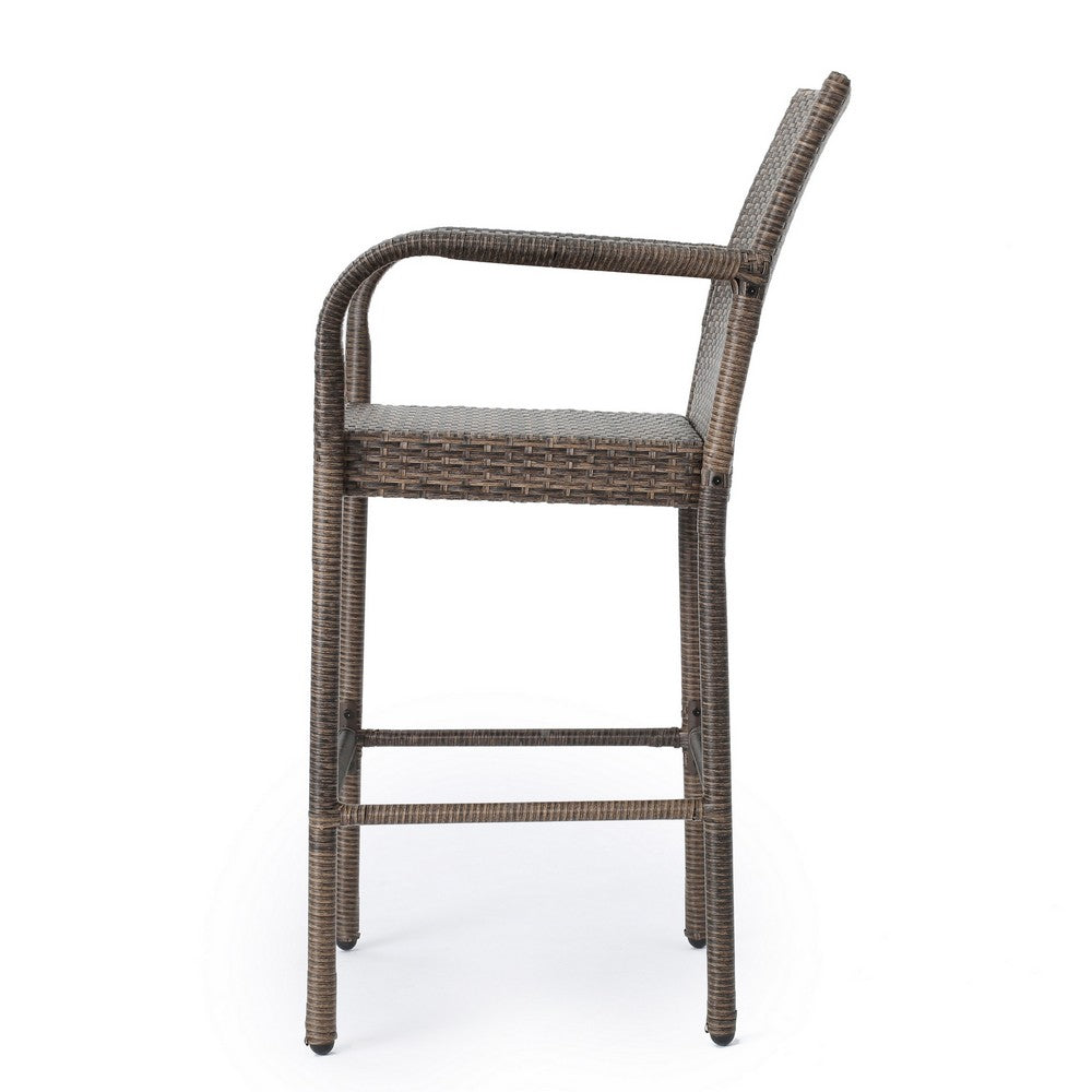 Benjara Drip Outdoor Barstool Chair Set of 2, Brown PE Rattan Woven And Iron