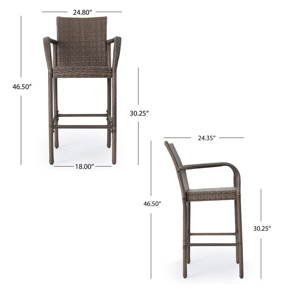 Benjara Drip Outdoor Barstool Chair Set of 2, Brown PE Rattan Woven And Iron