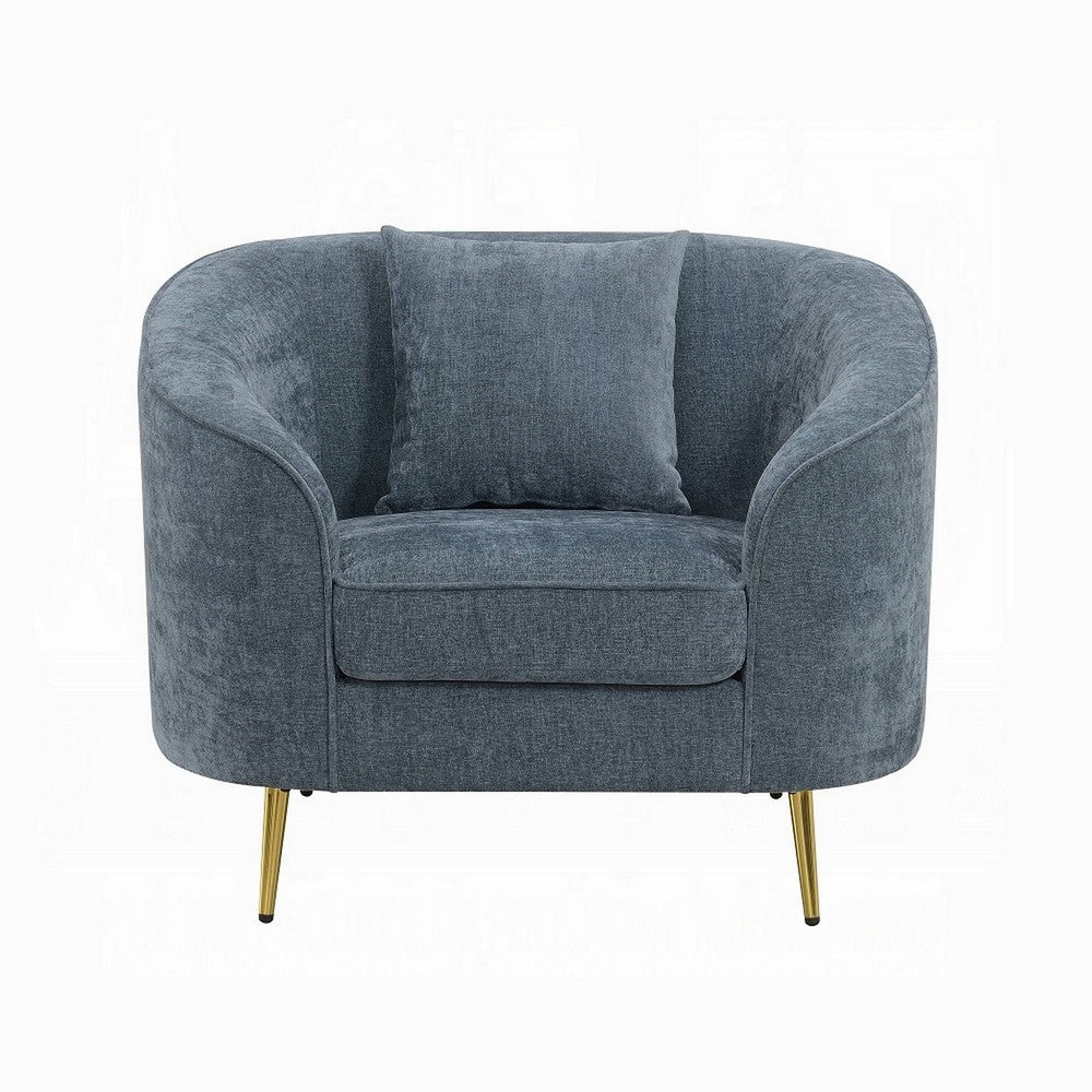 Benjara Kenny Accent Chair, 1 Pillow, Cobalt Blue Chenille, Golden Metal Legs