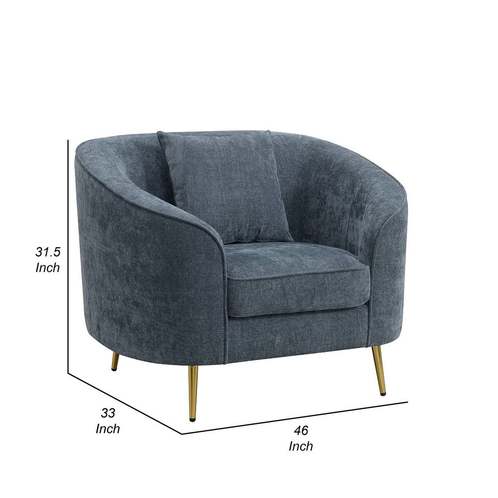 Benjara Kenny Accent Chair, 1 Pillow, Cobalt Blue Chenille, Golden Metal Legs